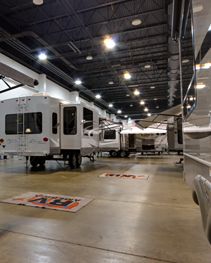 Oregon State Eugene Spring RV Show: Visitors explore the indoor motorhome exhibits in comfort and warmth